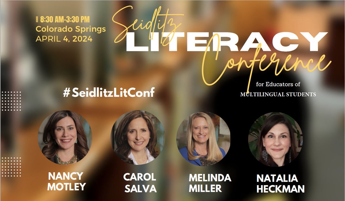 You have 3 chances to catch #SeidlitzLitConf in '24! 💻Jan. Online, 4 1-hr sessions 🏔4/4 Colorado Springs, CO ⭐️4/23 Plano, TX Don’t miss the amazing #literacy strategies @NancyMotleyTRTW, @DrCarolSalva, @DrMelindaMiller, & @NataliaESL have to share! seidlitzeducation.com/upcoming-event…