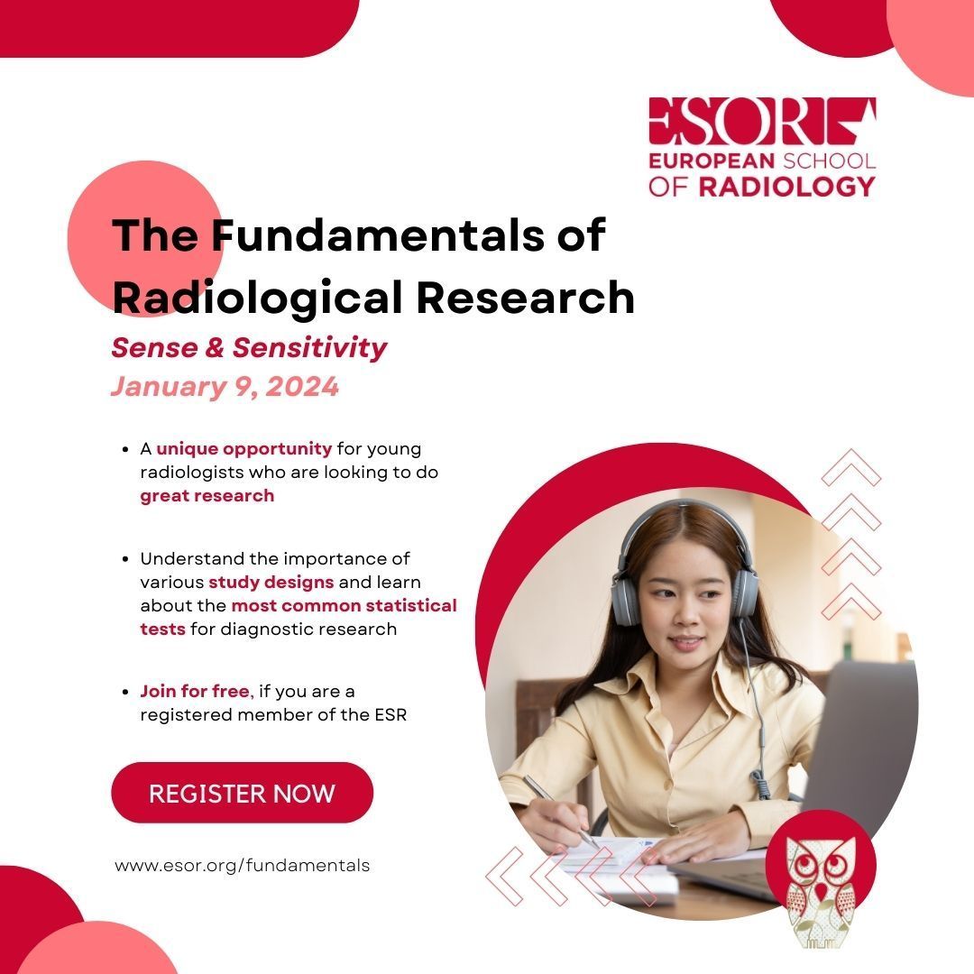 Join us on January 9th for the 4th session of the Fundamentals of Radiological Research course! 🗓️ Discover the most commonly used statistical tests for diagnostic research and the importance of different study designs. Enroll now: buff.ly/46LiQAq #Radiology @myesr