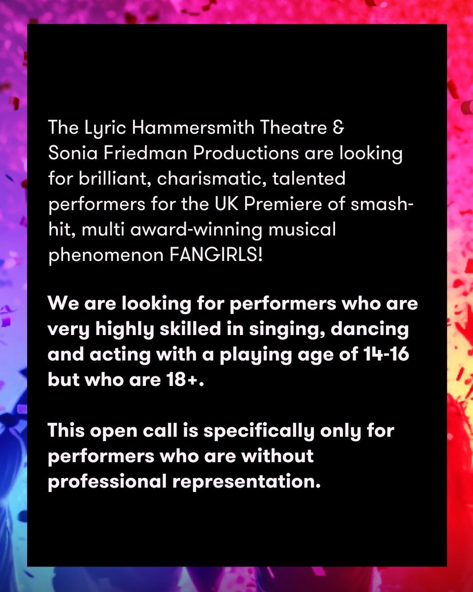 📢 OPEN AUDITIONS 📢

@LyricHammer are looking for talented performers for the UK Premiere of #FangirlsUK 👩‍🎤

Seeking performers without professional representation. Must be 18+, highly skilled in singing, dancing & acting with a playing age of 14-16.

🎤 bit.ly/3TuTXpJ