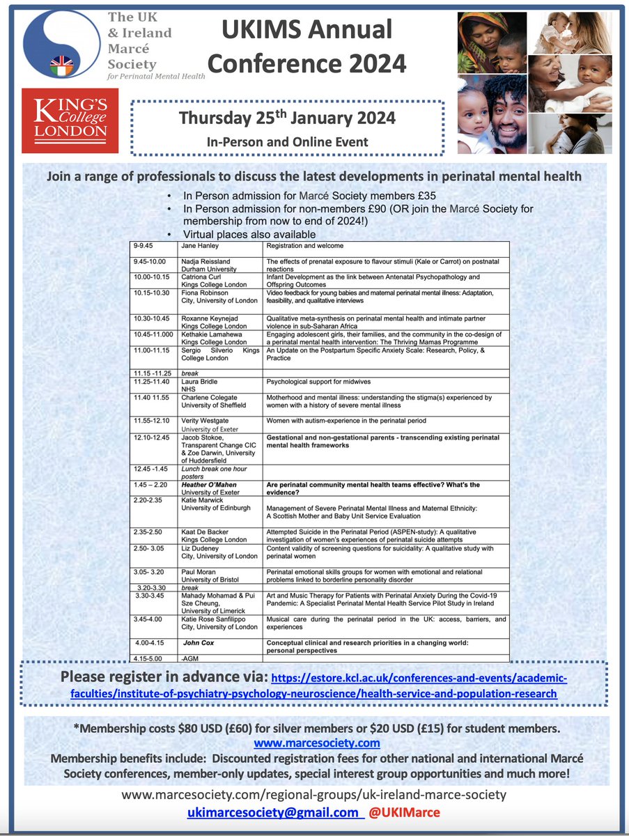 Reminder #UKIMS2024 conference is getting close! We have an amazing line-up of talks which will be relevant to GPs, midwives, health visitors and anyone in the perinatal field. Please see programme with details and register here: estore.kcl.ac.uk/conferences-an… @TheMarceSociety