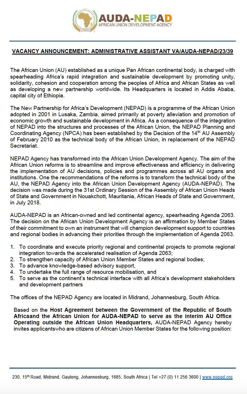 yüthconnect. on X: “📌NEPAD AUDA - Administrative Assistant https