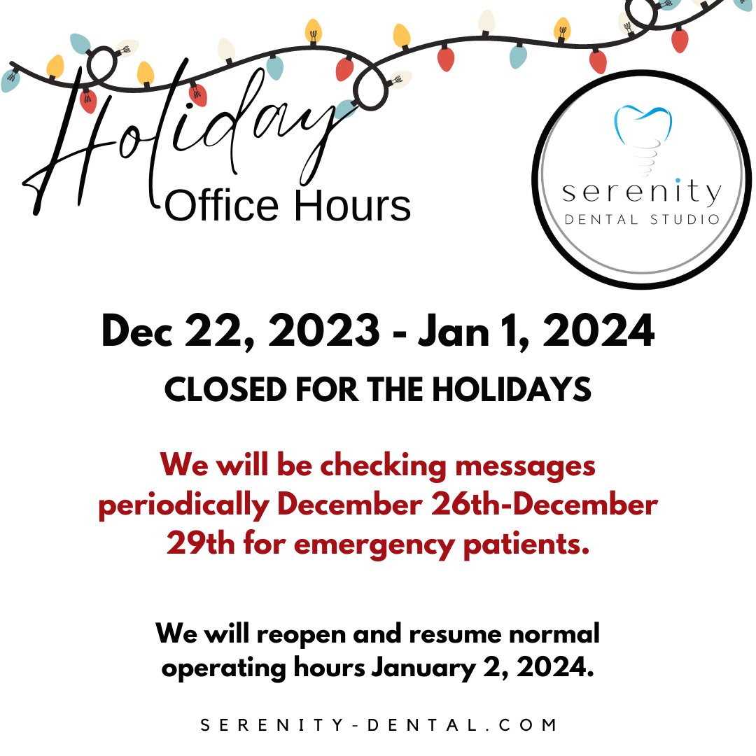Our holiday schedule:
🔒 CLOSED: Dec 22, 2023 - Jan 2, 2024
During Dec 26 - 29, we'll be checking messages for emergency patients. For all other inquiries, we'll get back to you promptly when we resume normal hours on Jan 2.
#HolidayHours #HappyHolidays #GulfShoresDentist