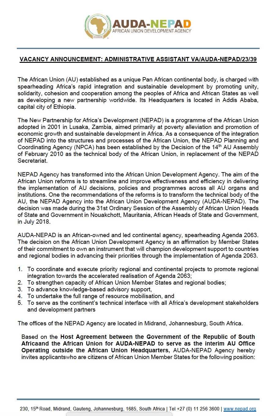 yüthconnect. on X: &ldquo;📌NEPAD AUDA - Administrative Assistant https 