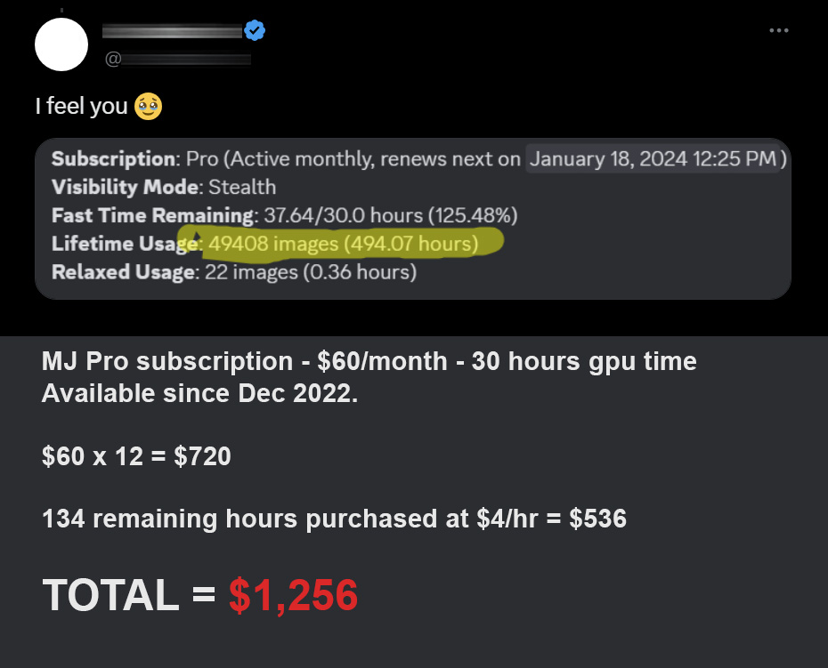 This person spent a minimum of $1,256 on Midjourney this year. That's worth over 5 years of Photoshop + Lightroom, or almost 2 years of the ENTIRE Adobe Creative Cloud. And who knows how many courses or tutorials you could get for that. Don't talk to me about democratizing art.