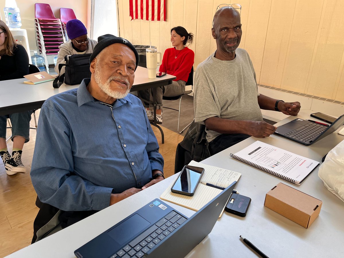 LBFoE_Boston's tweet photo. At a #digitalliteracy class, we dove into #spotifymusic. While working together, Donovan looked up #BobMarley & told us that he MET him & they hung out at the #sugarshack. Aaron, next to Donovan, also frequented the Sugarshack & met #jamesbrown!
#intergenerationalconversations https://t.co/D0sZBZ3NxN