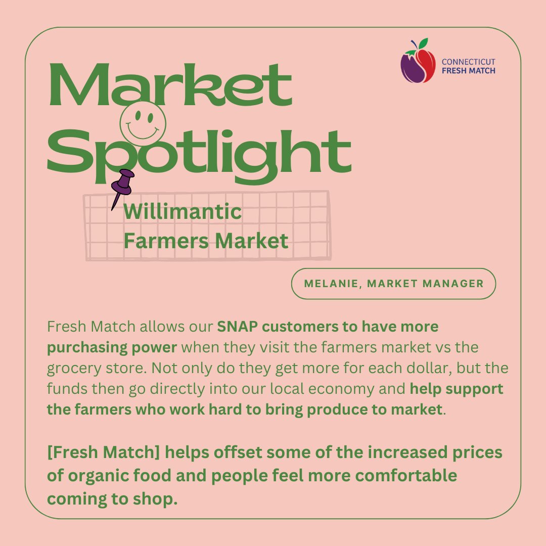CTFreshMatch's tweet photo. We are proud and excited to be in partnership with winter farmer’s markets including Willimantic Farmers' Market! SNAP recipients can double their SNAP here…meaning two for the price of one when it comes to produce (think 🥕🥕 = 🥕). More info at https://t.co/MHvklQkFm2 #ctgrown https://t.co/7GKHzXUYpR