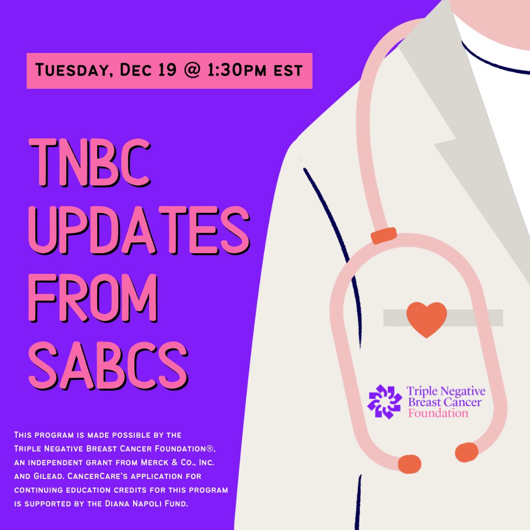 Join us today at 1:30pm EST for all the TNBC Updates from #sabcs23 Register at cancercare.org/connect_worksh… #breastcancer #sabcs #cancerresearch #triplenegativebreastcancer #cancersupport