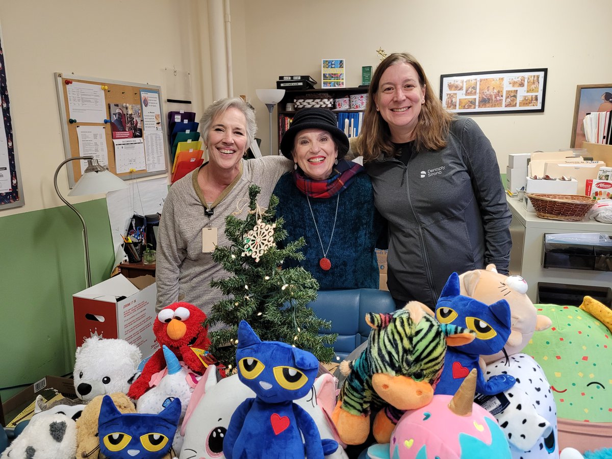 Shoutouts to our friends Kim Martin and Sue Gunnet at <a href="/DentsplySirona/">Dentsply Sirona</a> for donating the toys Santa gave out last Thursday! They swung by our office on Tuesday and delivered a pillowy pile of plushes to go out to the good boys and girls at Bell Family Shelter! Thanks, Kim and Sue!