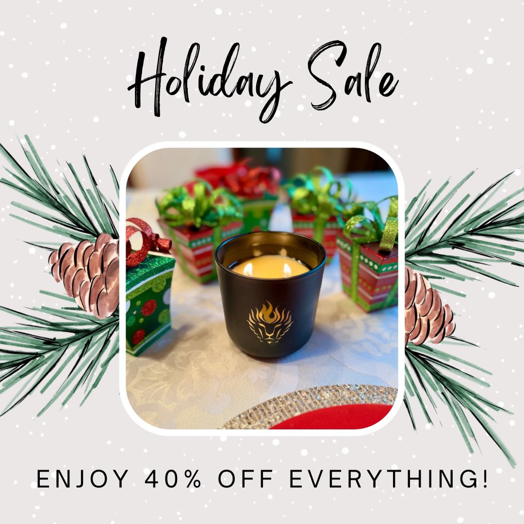 Enjoy our Holiday Sale with 40% off everything! Get your gifts now or treat yourself! #soycandles #holidaysale #winterscents #holidayscents #thelionsdencandlecompany