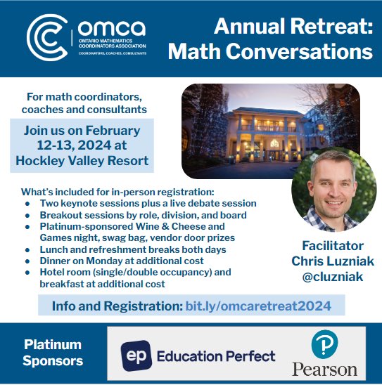 Ontario Mathematics Coordinators Association (@omcamath) on Twitter photo Join #OntEdĀ math coaches, coordinators, and consultants for our <a href="/OMCAmath/">Ontario Mathematics Coordinators Association</a>Ā retreat <a href="/HockleyVResort/">HockleyValleyResort</a>Ā on Feb 12-13. Keynote <a href="/cluzniak/">Chris Luzniak</a>Ā will lead us w/ #DebateMathĀ #MathConversations. Thanks to our platinum sponsors @EP_CanadaĀ <a href="/PearsonK12/">Pearson Canada K12</a>! LINKš bit.ly/omcaretreat2024 Join #OntEdĀ math coaches, coordinators, and consultants for our <a href="/OMCAmath/">Ontario Mathematics Coordinators Association</a>Ā retreat <a href="/HockleyVResort/">HockleyValleyResort</a>Ā on Feb 12-13. Keynote <a href="/cluzniak/">Chris Luzniak</a>Ā will lead us w/ #DebateMathĀ #MathConversations. Thanks to our platinum sponsors @EP_CanadaĀ <a href="/PearsonK12/">Pearson Canada K12</a>! LINKš bit.ly/omcaretreat2024