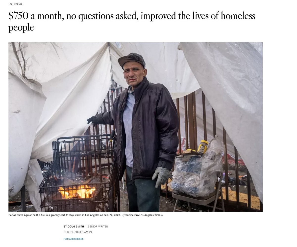 Interesting findings from Ben Henwood and co. at @USC. They found that homeless people who were given $750 were less likely to be unsheltered after six months and able to meet more of their basic needs than a control group that got no money. @LATDoug latimes.com/california/sto…