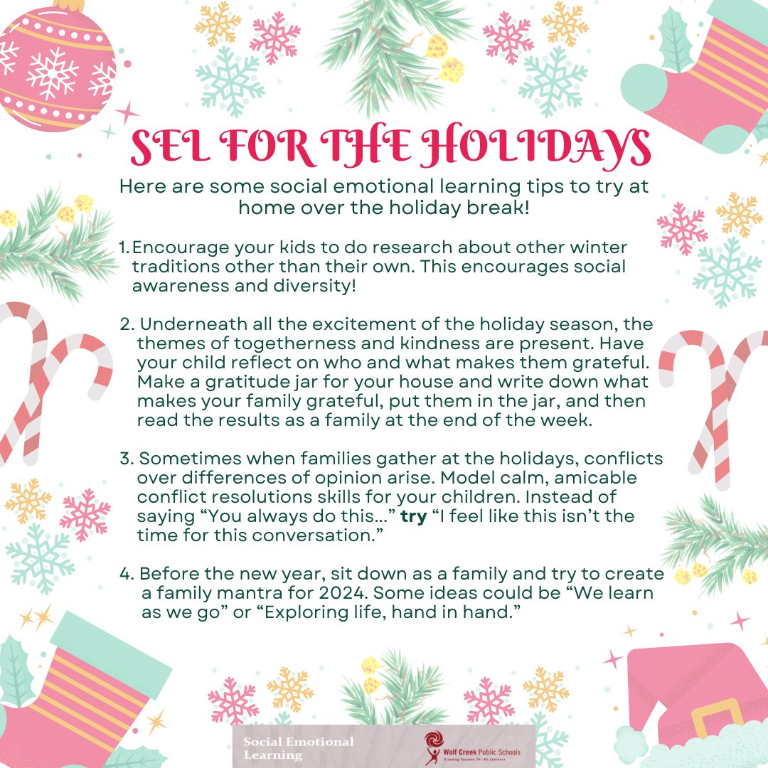 Don't let the #SEL learning stop over the holidays! Here are some simple tips and activities you can try to help foster social emotional learning at home! <a href="/WCPS72/">Wolf Creek Schools</a> @CASEL #HappyHolidays