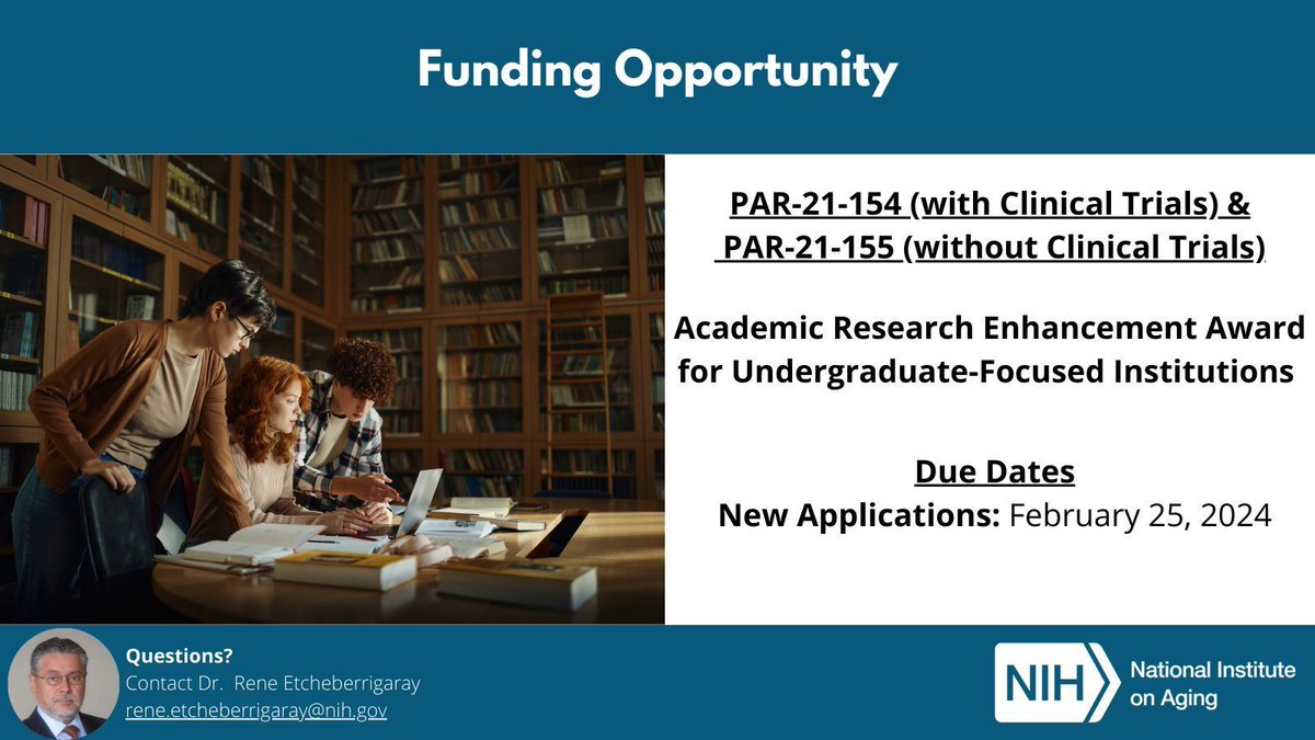 NIA is participating in two #fundingopps that enhance the research environment and provide biomedical research experiences opportunities for undergraduate students to get research experience. buff.ly/3y3Y7cG & buff.ly/3Pi0yBd