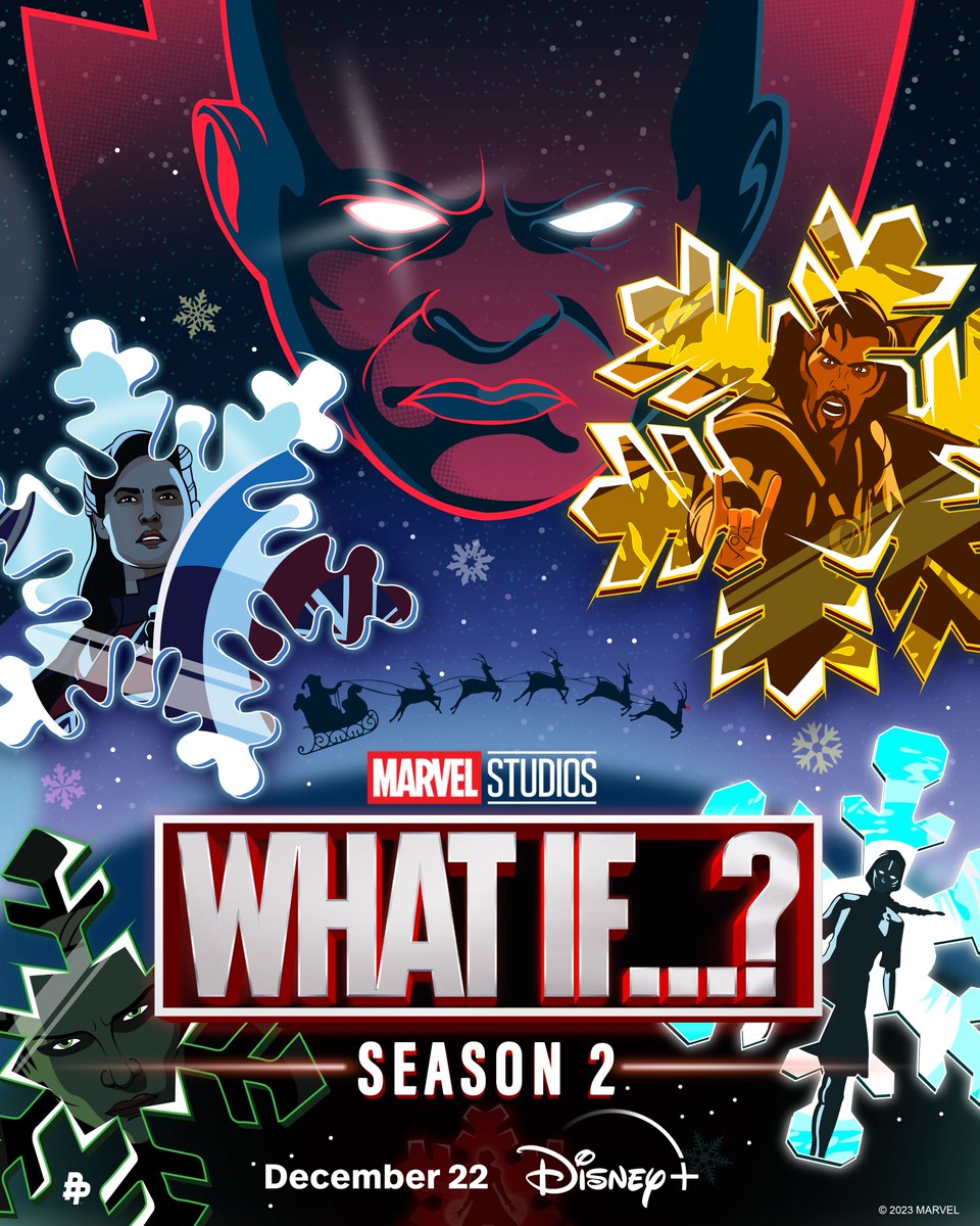 Marvel's tweet photo. It's a snow-brainer, stream #WhatIf Season 2 only on @DisneyPlus starting December 22 ❄️ Unwrap 9 new episodes daily.

Art by @samuelho inspired by What If... ? Season 2. https://t.co/UrSOMgi87G