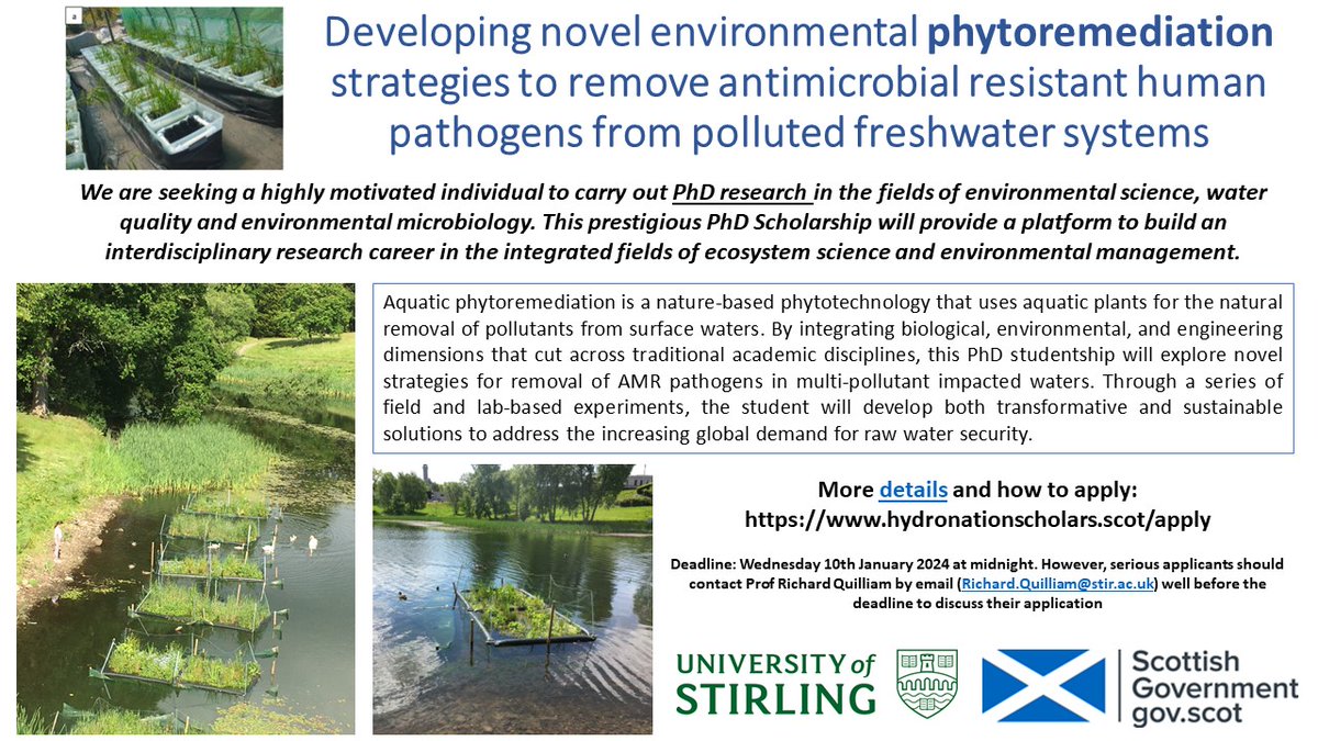 PhD opportunity in freshwater pollution and human pathogens @StirUni with @NWillby and @David_M_Oliver please forward to potential applicants. Deadline 10 Jan 2024 #phytoremediation #naturebasedsolutions #pathogens #PhD #NbS @HydroScholars
