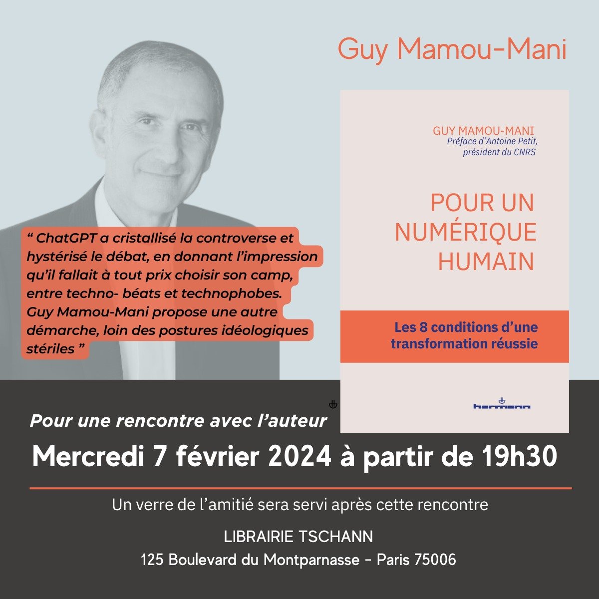 Chers amis, c'est avec un grand plaisir que je vous annonce la sortie le 7 février de mon nouvel ouvrage "Pour un numérique humain" aux  éditions Hermann préfacé par l'immense <a href="/antoine_petit_/">Antoine Petit</a>  Président du CNRS. Je vous invite à la signature qui aura lieu à la Librairie Tschann.