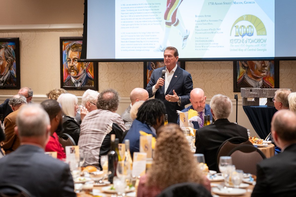 UnitedWayCG's tweet photo. Thanks to Mr. Joe Theisman, our Centennial Celebration Dinner was a resounding success at Mercer University! Mr. Theisman inspired guests with a powerful message on community success, encouraging everyone to contribute to a brighter Central Georgia through United Way! https://t.co/ucANK94Hzp
