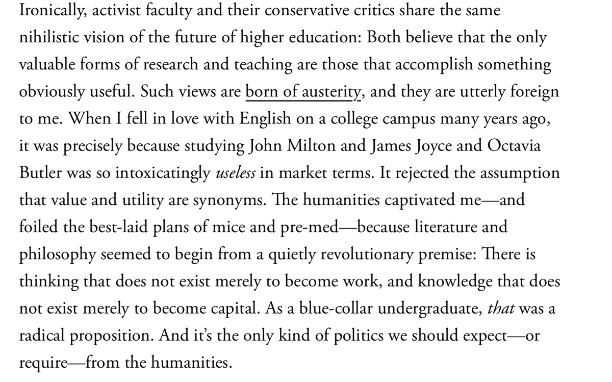 I want to send this final paragraph from @Tyler_A_Harper's essay on the humanities @TheAtlantic to every professor and administrator as we wind up the first semester. Exactly my experience as a student and now as a prof.