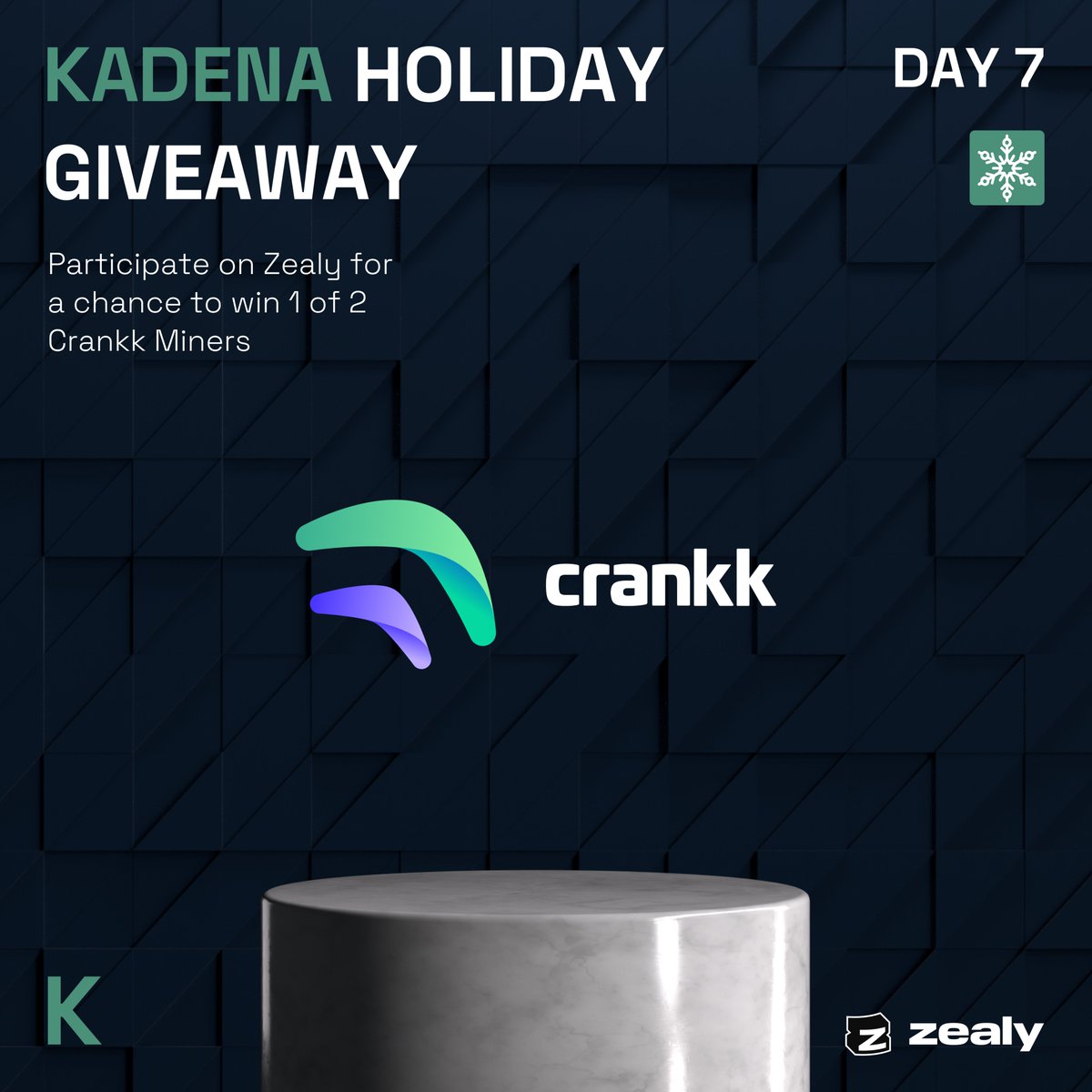 .<a href="/crankk_io/">Crankk.io</a> is a full IoT Proof-of-Network-Participation (PoNP) built on Kadena.

🎁 Win 1 of 2 Crankk Miners
❓ Join our <a href="/zealy_io/">Zealy</a> board &amp; complete the tasks of day 7
🔗 zealy.io/c/kadena/
📅 December, 20 5 PM UTC