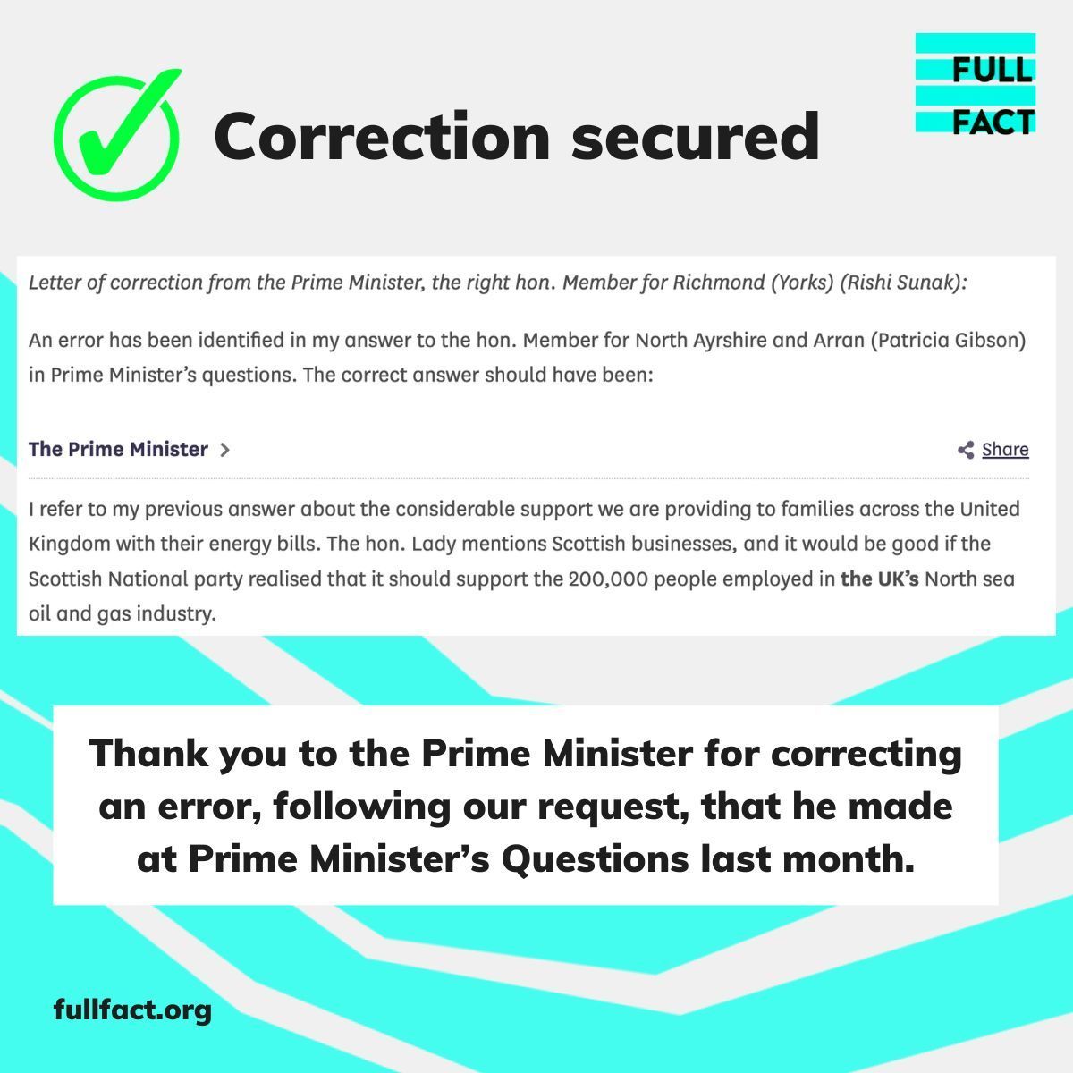 We're grateful to Prime Minister Rishi Sunak for correcting the record after a claim he made at #PMQs in November. 🔍 Here's our fact check on the claim: buff.ly/3v7579Y