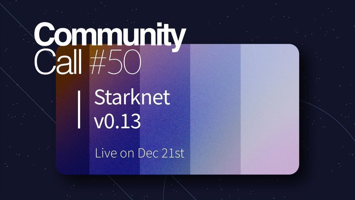 Join <a href="/FeedTheFed/">Ariel</a>  and <a href="/robertkp13/">robert</a> for Starknet Community Call #50 🔥 

Topic: Starknet v0.13

Agenda:
☑️ v3 txs and paying with STRK
☑️ Cairo 2.4.0
☑️ fee reduction 

Date: December 21st at 15:00 UTC

Link to join👇 

youtube.com/watch?v=6Sy1tx…