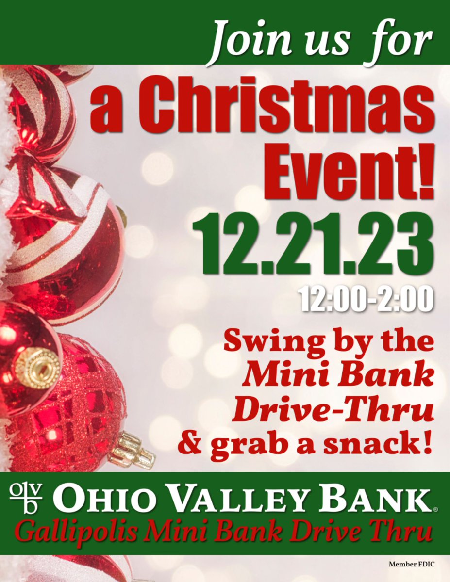 We are inviting everyone to join us for a special Christmas event at our Mini Bank, located in downtown Gallipolis, this Thursday! Stop by the drive-thru from 12-2 p.m. for a special holiday treat! 🎄