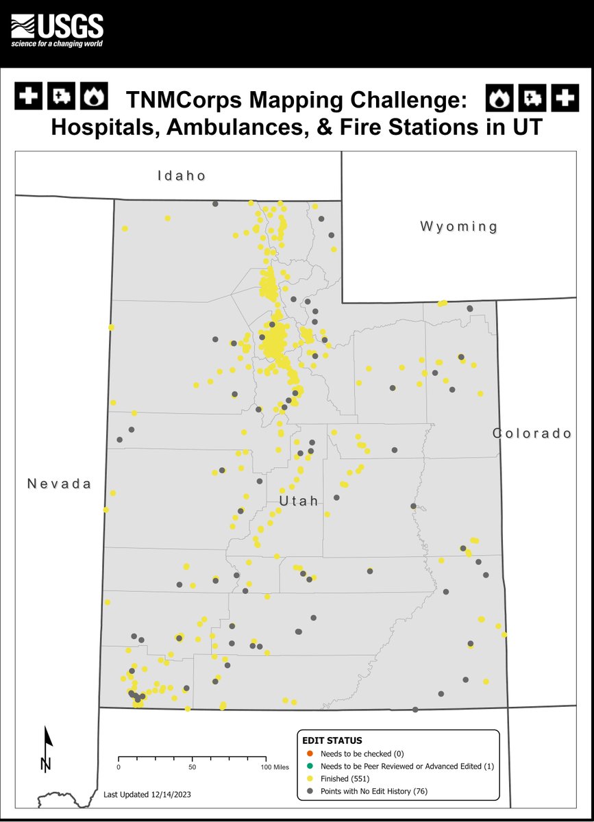 Only 76 points left in this no-edit-history hospitals/ambulances/fire stations in Utah challenge! Want to participate? Go to ow.ly/ErNF50FLd79 @FedCitSci #citsci #CitizenScience #USGS #TheNationalMap #TNMCorps #GIS #VGI