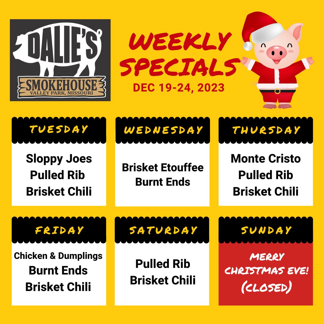 * WEEKLY SPECIALS *

#daliessmokehouse #smokehouse #bbq #barbecue #eatlocal #shoplocal #kirkwood #valleypark #explorestlouis