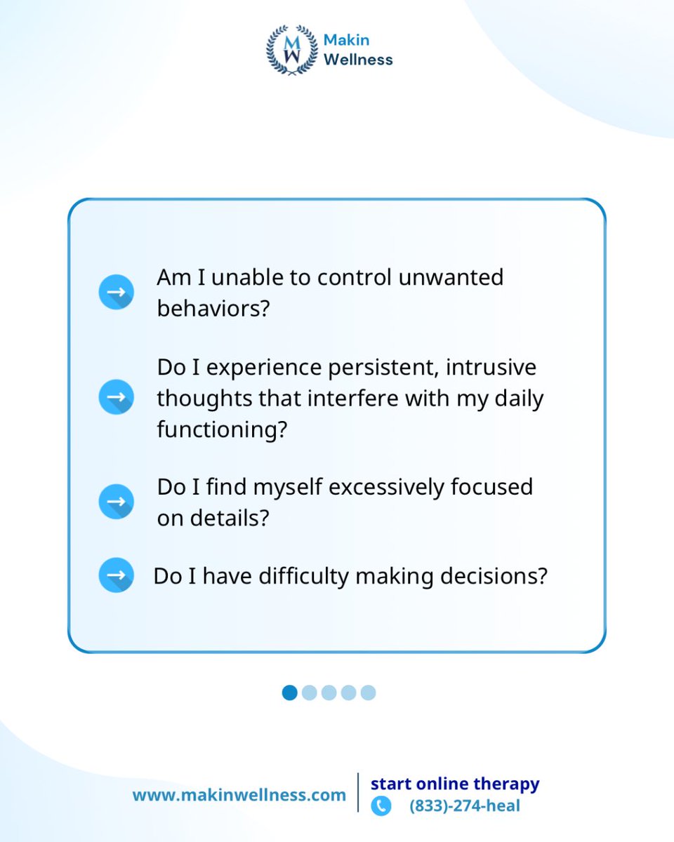MakinWellness's tweet image. Assess if OCD affects your life. These questions guide you toward understanding and recognizing when to seek professional help from Makin Wellness.

Contact our care team today 👇
☎️ Call (833)-274-heal
✉️ Email info@makinwellness.com

#onlinetherapy #ocd #ocdhelp #ocdtherapy