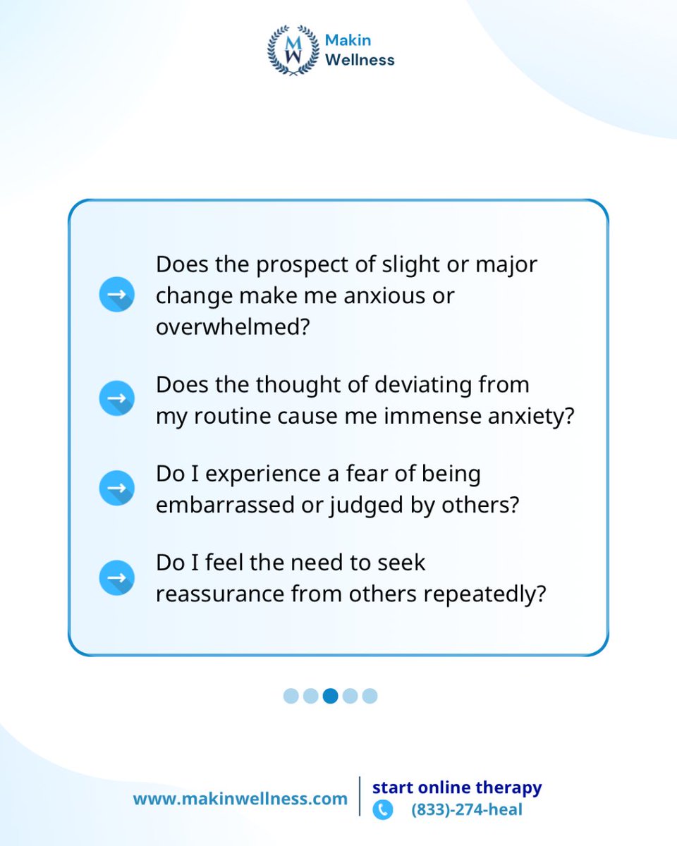 MakinWellness's tweet image. Assess if OCD affects your life. These questions guide you toward understanding and recognizing when to seek professional help from Makin Wellness.

Contact our care team today 👇
☎️ Call (833)-274-heal
✉️ Email info@makinwellness.com

#onlinetherapy #ocd #ocdhelp #ocdtherapy