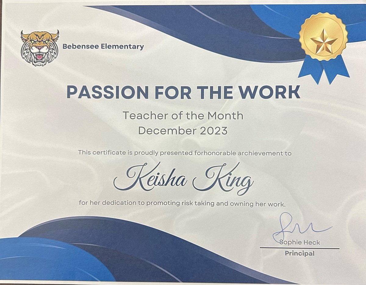 We are so proud of @GoTeach11 intern Ms. King for being awarded teacher of the month in December. Ms. King's 4th grade @ArlingtonISD students exceeded the districts' goals in approaches, meets, and masters! Congratulations on a well-deserved recognition!