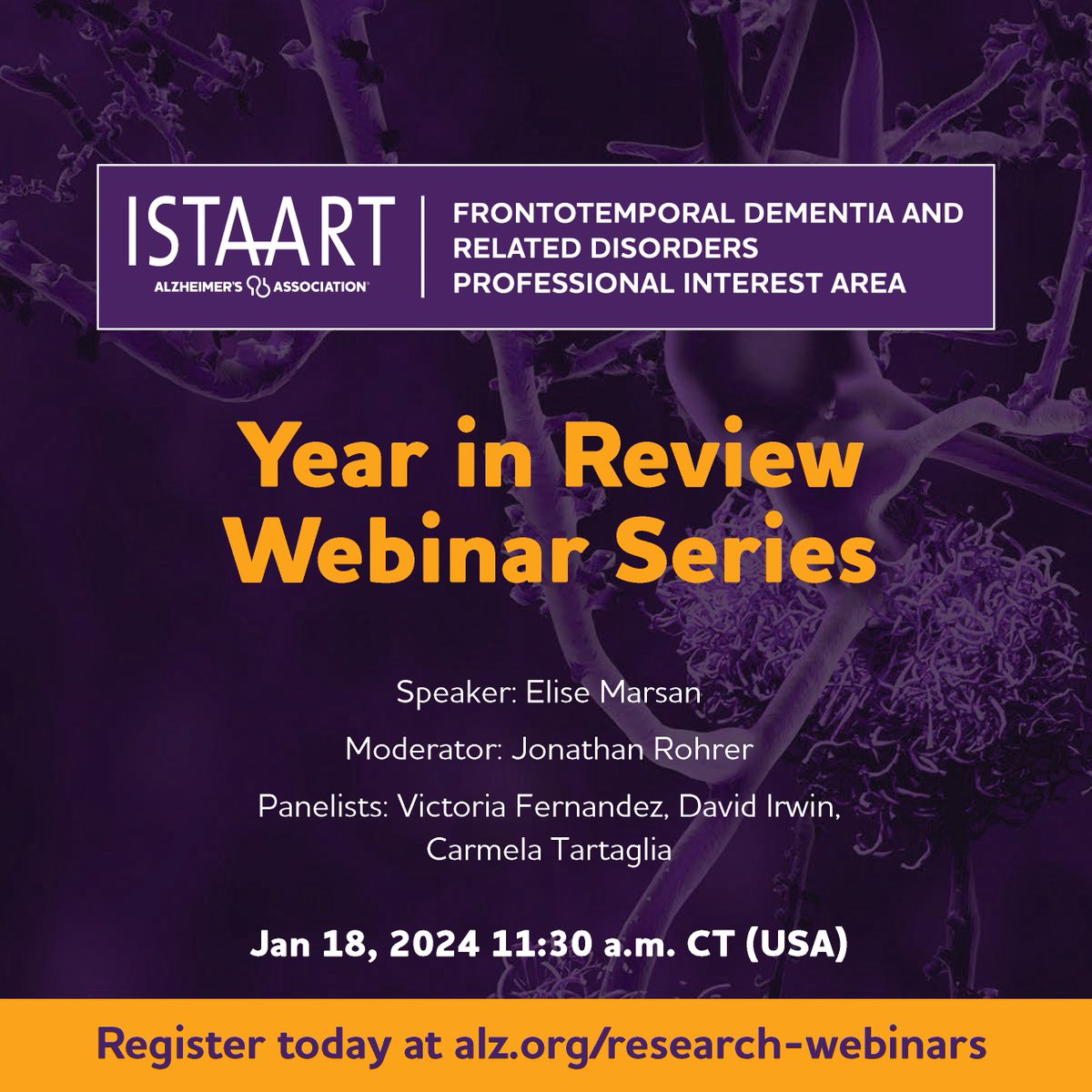 The best way to start the 2024 is to join our Year in Review webinar. @EliseMarsan will highlight notable publications in the field of FTD in 2023. Then @jonrohrer, @MC_Tartaglia, Victoria Fernandez and David Irwin will discuss future research. Join us via the link below: