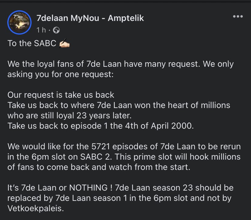 To the @SABC_2: Please grant us this one request: Rerun 7de Laan from Season 1 in the prime time slot. Take us back to 4 April 2000. Let us experience this iconic show again. 💙 #7deLaan #Totsiens7deLaan