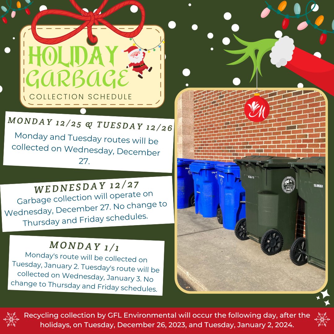 City offices will be closed Monday-Wednesday, December 25-27, in observance of Christmas. Garbage collection will operate on Wednesday, December 27. Monday and Tuesday routes will be collected on Wednesday, December 27. No change to Thursday & Friday schedules.
#GarbageCollection
