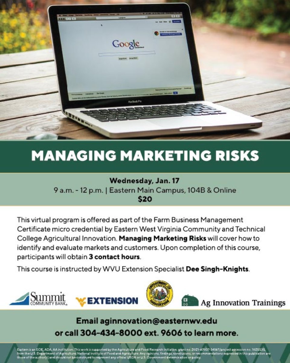 Managing Marketing Risks in the Farm Business Management Certificate micro credential, Dee Singh-Knights of WVU Extension will cover how to identify and evaluate markets and customers. Learn more at easternwv.edu/ag-innovation/
#EasternAgInnovation #MarketingRisks #Marketing