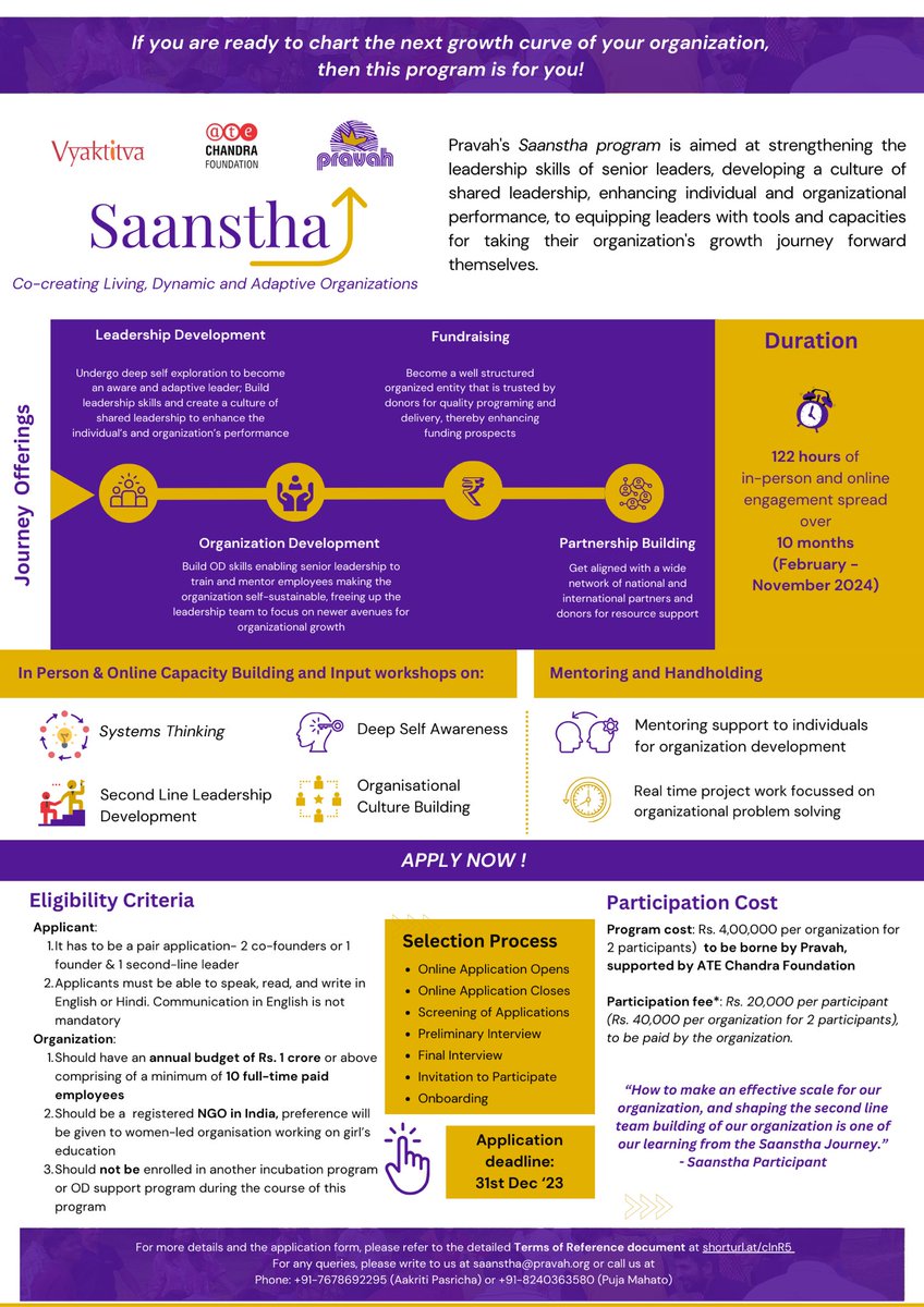 Are you a CSO looking to sustain, adapt, and grow itself? Are you a 1 crore budget organisation? Pravah is excited to launch the applications for Saanstha leadership journey for February-November 2024. Apply - docs.google.com/forms/d/e/1FAI…