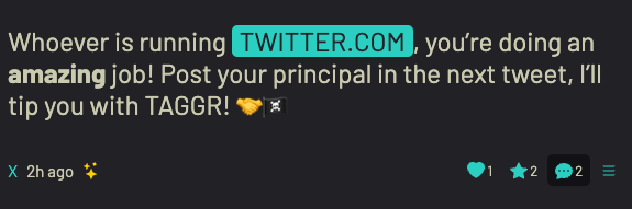 TAGGRsocial's tweet photo. Seems #taggr presence on twitter did not go unnoticed 🥳

Thank you @x - will exchange ledger addresses on a piece of paper sometime, somewhere 😃

#taggrDAO #ICP https://t.co/J8sw0Cv940