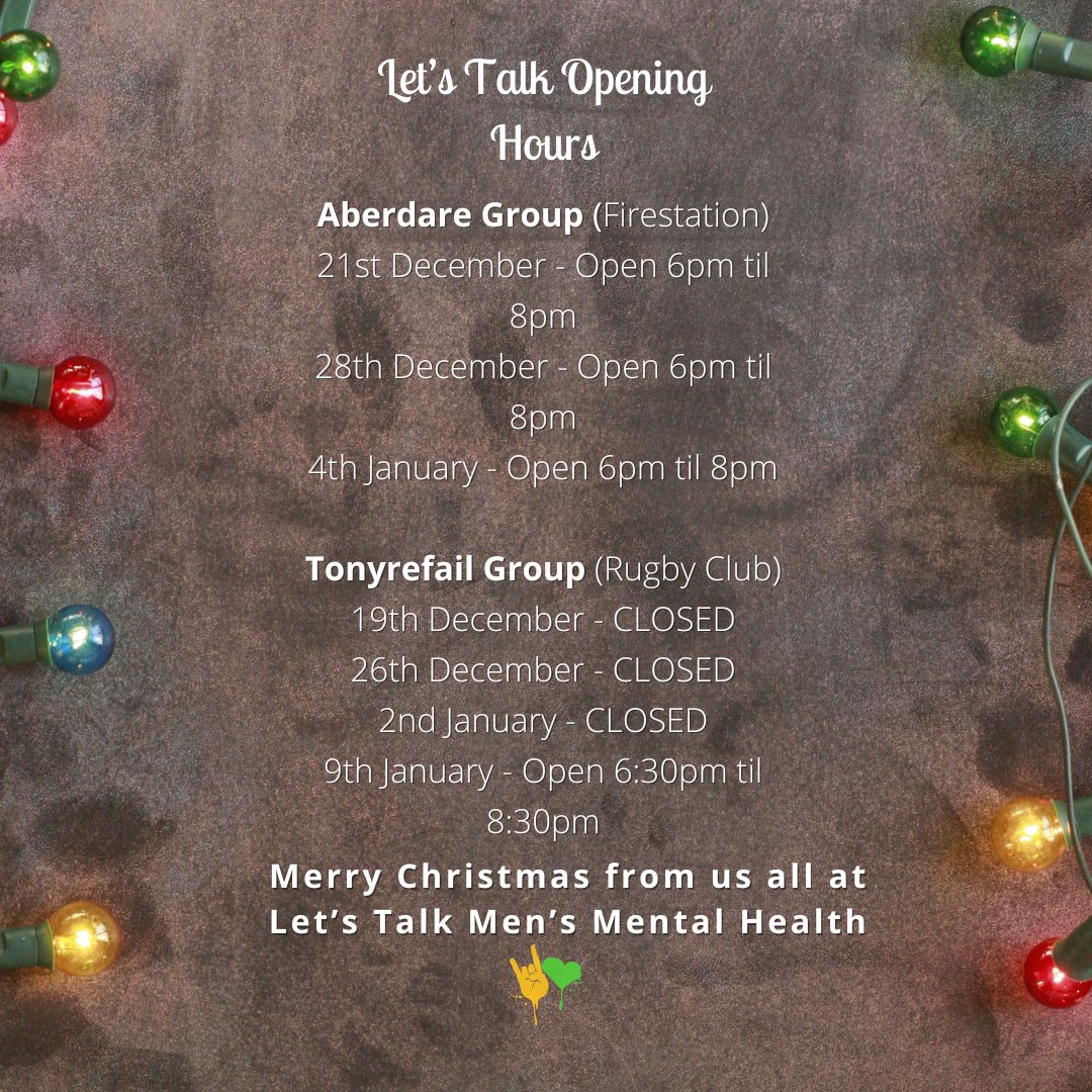 Our person, peer support hours through Xmas period. Most importantly, please be kind to yourselves during this festive period, our service is not a crisis service but if you need this please Dial 111 (press 2) or Call 116 123 to speak to Samaritans. Merry Christmas