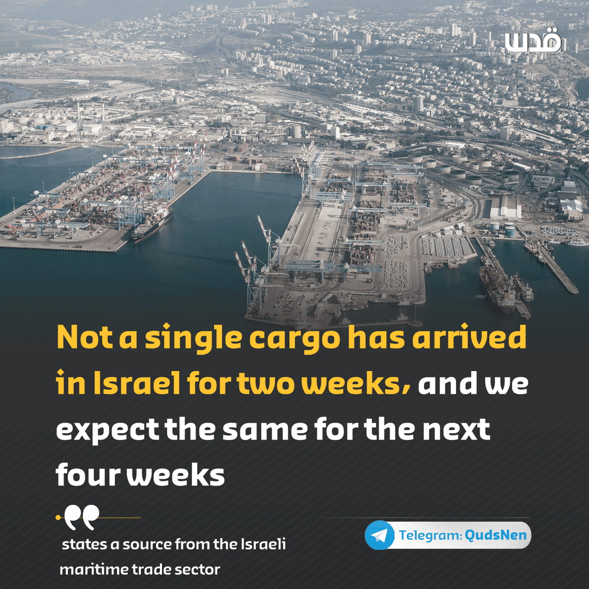 QudsNen's tweet photo. Israel's maritime trade is facing challenges coping with the closure of the Red Sea, a result of Yemeni blockade in protest of Israel's crimes in Gaza. https://t.co/1VQVq6vBRG