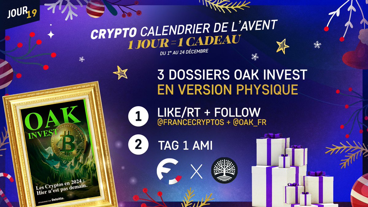 #CONCOURS 🎁 #NOËL 🎄 19/24

3 VERSIONS PHYSIQUES DU DOSSIER OAK INVEST À GAGNER ! 🔥 

Pour participer :

👉Follow <a href="/FranceCryptos/">France Cryptos 🔗</a> &amp; @oak_fr 

👉Likez &amp; Retweetez
👉@ un ami !

⏳TAS le 26/12 !

Bonne chance à tous ! 🍀 #CryptoCalendrier 🚀