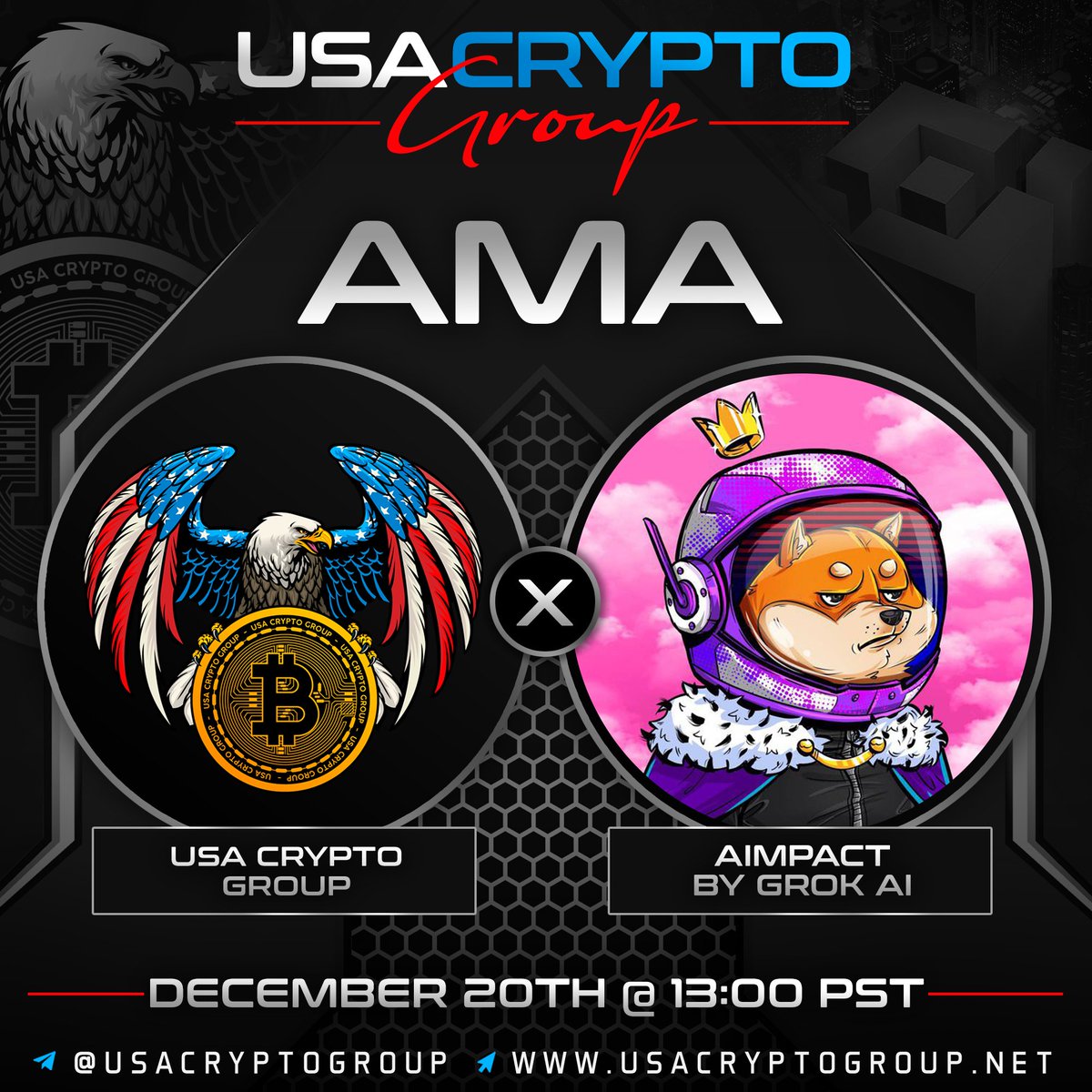 USACryptoGroup's tweet photo. Venue: AImpact By Grok AI AMA         
Prize: $80 total              
Location: https://t.co/i173TQWUoE                 

Twitter Cash Price: $25                      
Rules: -Follow & Join
@UsaCryptoGroup
@Crypto_2rj4k 
-Like, Comment (can do AMA questions) and RT this post
-Prize will be announced after the AMA