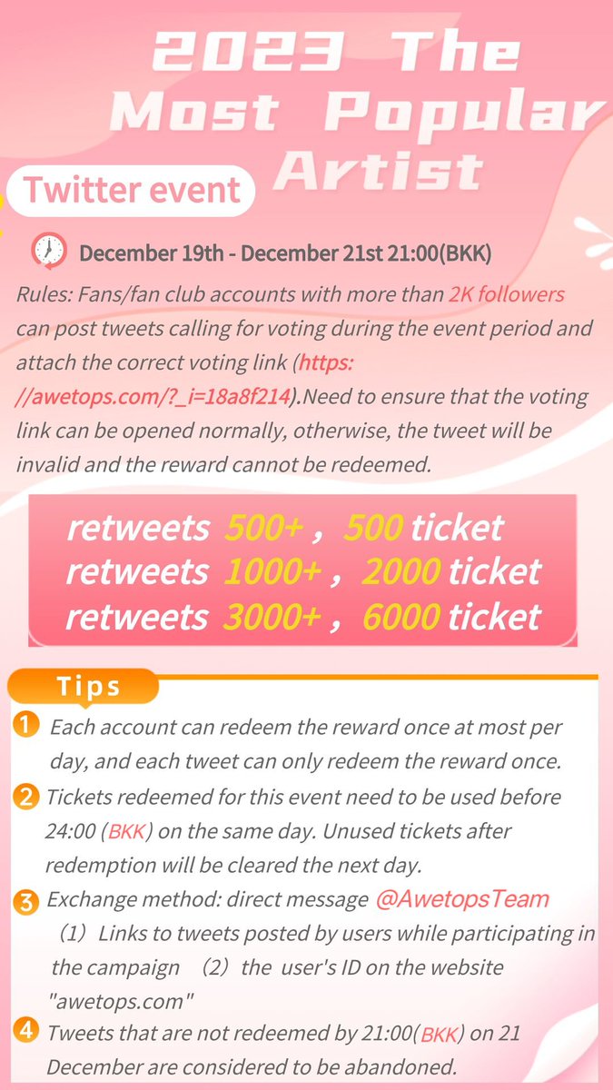✨AWETOPS TWITTER EVENT ✨️
[Day 2 - 20/12 ]

 2023 MOST POPULAR ARTIST 💙

I vote for #BuildJakapan 

🔗 awetops.com/?_i=18a8f214

RT QRT this post to claim tickets for the event

🎯 500 RT  - 500 tix 
🎯 1000 RT - 2000 tix
🎯 3000 RT - 6000 tix

<a href="/JakeB4rever/">BIU.</a> #Beyourluve
