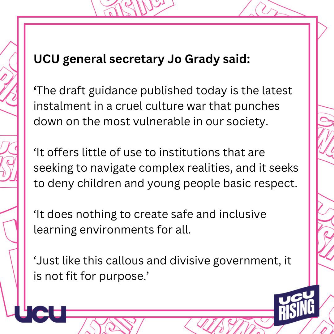 The UCU has stood in complete solidarity with the trans and non binary community in recent years. We will not stand by and see this latest attack from a vicious right wing government go unchallenged. Solidarity and love.