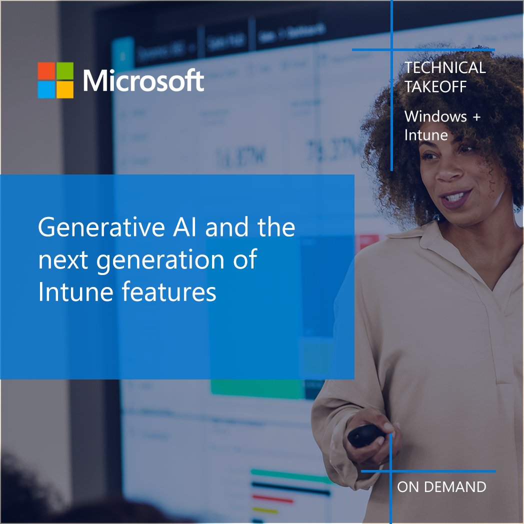 Let's look at how Intune and generative AI can help you manage and secure your devices in the cloud with Security Copilot and more. Watch this informative Technical Takeoff session, now on demand: aka.ms/TT/IntunePlusAI

#MSIntune #AI #Copilot #TechTakeoff