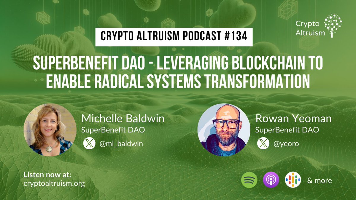 gm changemakers!🌞 For the final episode of 2023, we're excited to welcome @ml_baldwin & @yeoro of @SuperBenefitDAO 🙌 We discuss: 🌐 #DAO architecture & governance design ⛓️ How #blockchain enables systems transformation ✨ Decentralizing energy data, public goods funding for…