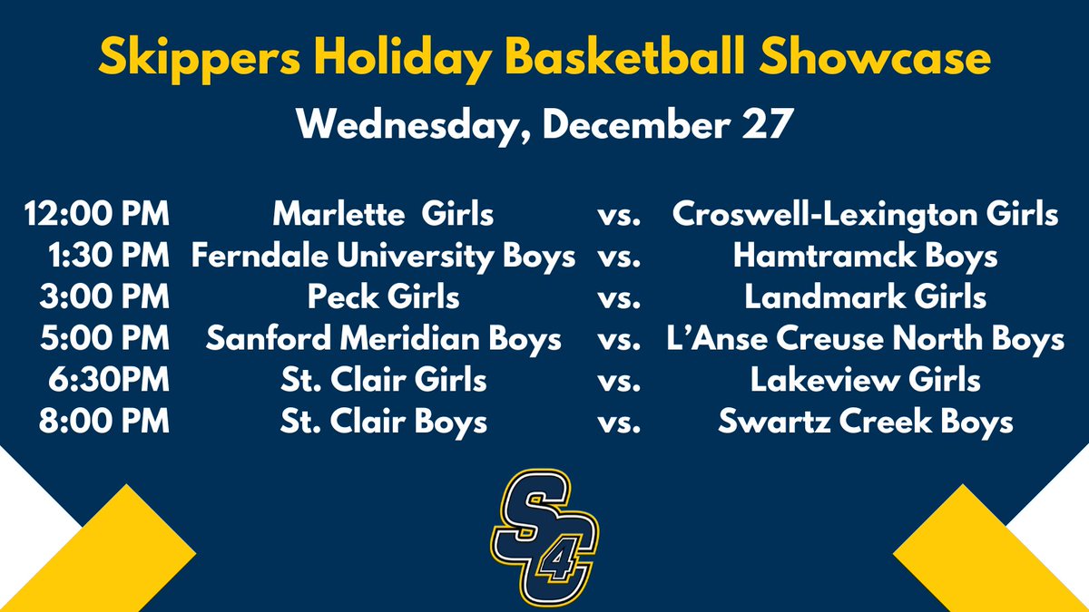 followSC4's tweet photo. Don't miss the 2023 Skippers Holiday Basketball Showcase!

The showcase features 36 boy's and girl's high school basketball teams from around the state of Michigan!

Tickets can be purchased online or at the door.

Read more here: https://t.co/qZhnWGZTRk https://t.co/Vo5Y6iB9vq