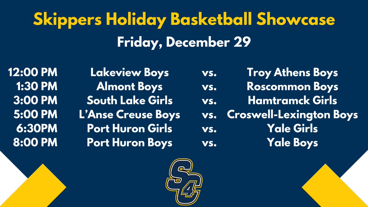 followSC4's tweet photo. Don't miss the 2023 Skippers Holiday Basketball Showcase!

The showcase features 36 boy's and girl's high school basketball teams from around the state of Michigan!

Tickets can be purchased online or at the door.

Read more here: https://t.co/qZhnWGZTRk https://t.co/Vo5Y6iB9vq