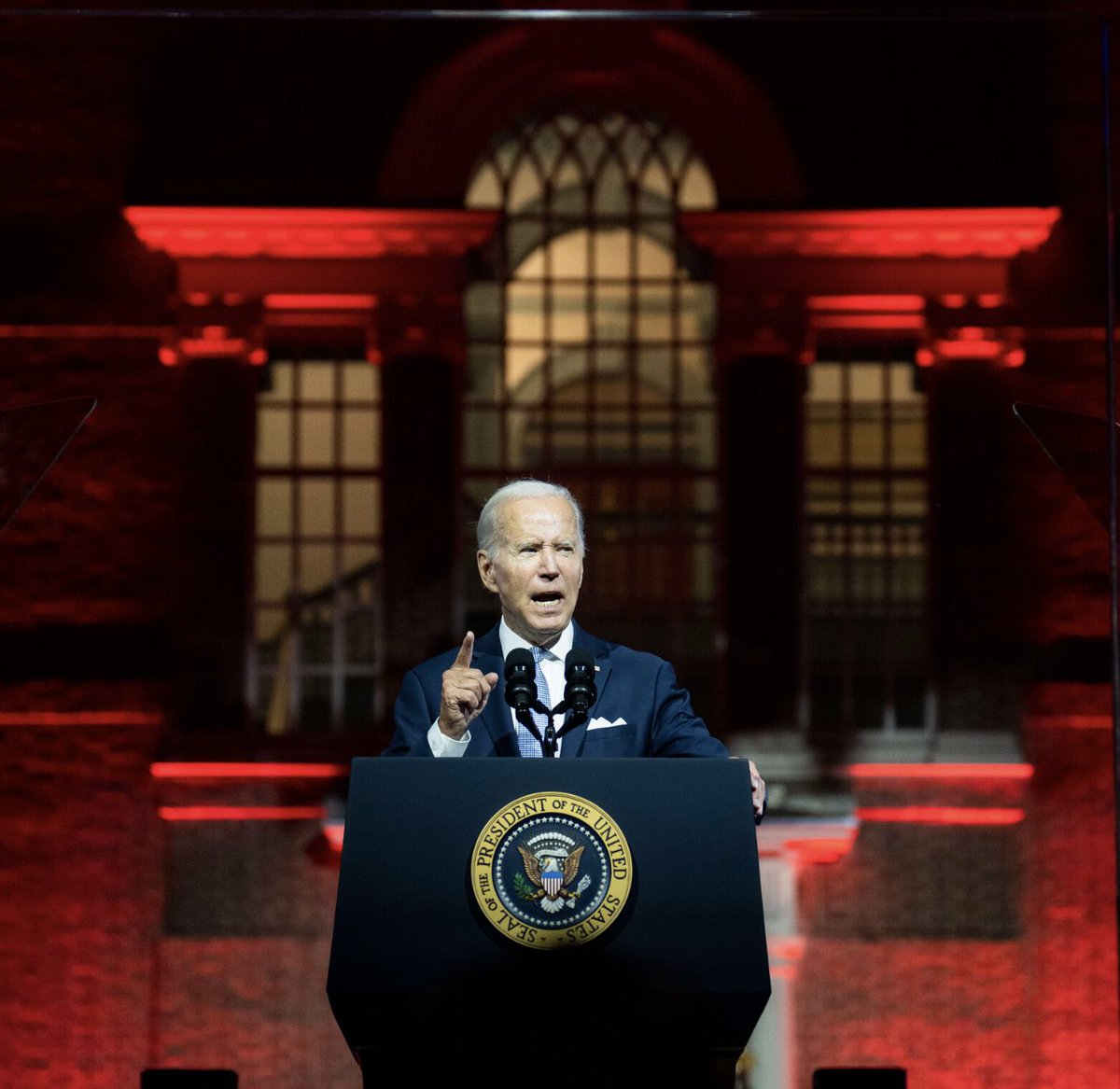 Biden took power by rigging an election, used 20,000 troops and barbed wire to ensure his installation, and threatened his citizens with fighter jets after trying to take their guns

He used a demonic backdrop for a speech where he labeled half the country domestic extremists,