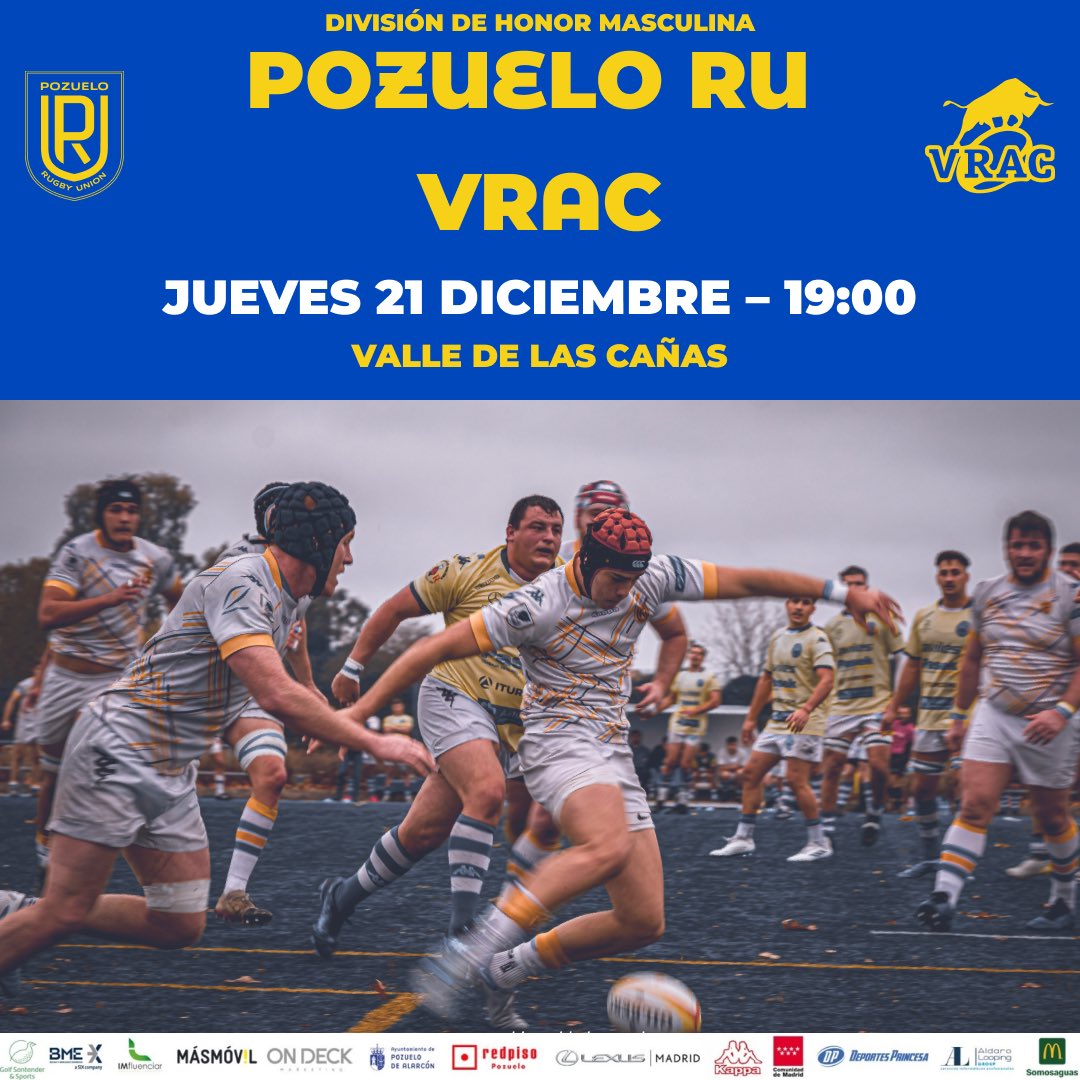 Pozuelo Rugby Union (@pozueloru) on Twitter photo DH J5 – Pozuelo RU vs VRAC
Jueves 21 de diciembre – 19:00
📍 Ciudad deportiva Valle de las Cañas
Este jueves tenemos una cita en el Valle, disputamos la J5 aplazada vs <a href="/VRAC/">🧀 VRAC 🧀</a>
👊🏼👊🏽👊🏻👊🏼
#vamospiratas
<a href="/ferugby/">España Rugby</a> <a href="/DHFerugby/">División de Honor de Rugby</a> DH J5 – Pozuelo RU vs VRAC
Jueves 21 de diciembre – 19:00
📍 Ciudad deportiva Valle de las Cañas
Este jueves tenemos una cita en el Valle, disputamos la J5 aplazada vs <a href="/VRAC/">🧀 VRAC 🧀</a>
👊🏼👊🏽👊🏻👊🏼
#vamospiratas
<a href="/ferugby/">España Rugby</a> <a href="/DHFerugby/">División de Honor de Rugby</a>