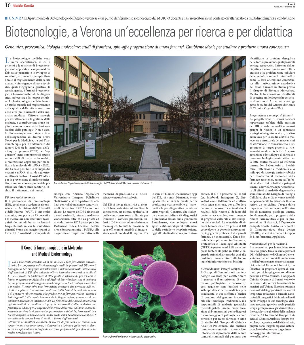 La ricerca biomedica presso il Dipartimento di Biotecnologie - Università di Verona ed il Corso di Laurea Magistrale in "Medical and Molecular Biotechnology" sul Sole 24 ore. 😊👩‍🔬🧑‍🔬
#biotech #biotechnology  #biomedicalscience #biomedicalresearch